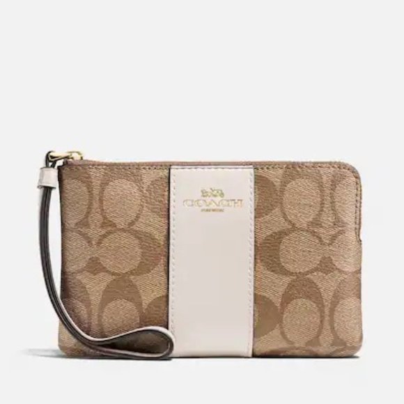 Coach Corner Zip Wristlet In Signature Canvas Gold/KHAKI/CHALK - Picture 5 of 5